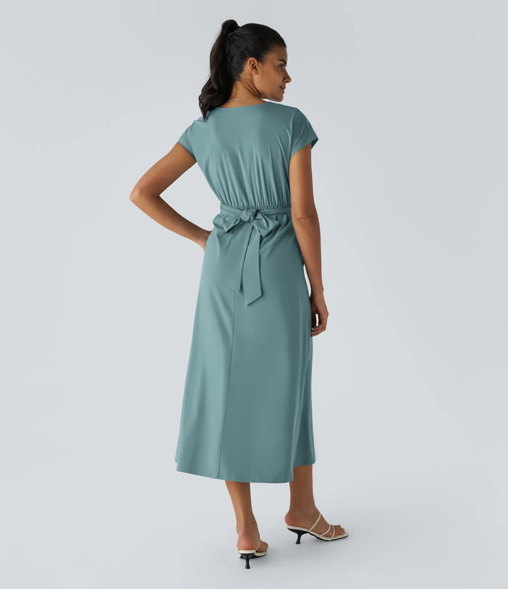 Breezeful™ V Neck Short Sleeve Side Pocket Tie Back Quick Dry Midi Casual Dress