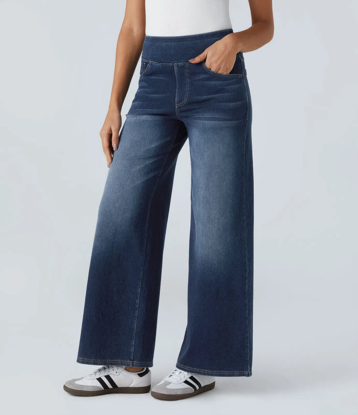 Halara Flex™ High Waisted Multiple Pockets Baggy Wide Leg Washed Stretchy Knit Casual Jeans
