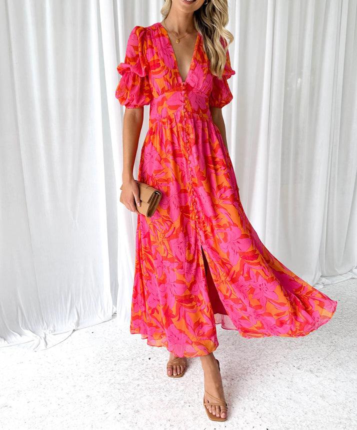 Rose Red Short Sleeve Maxi Dress