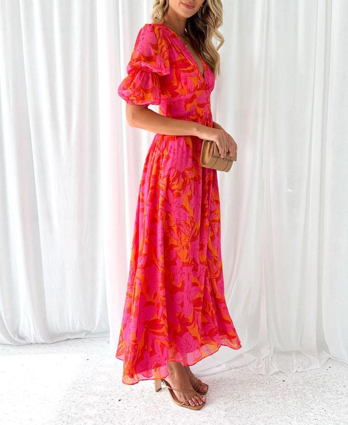 Rose Red Short Sleeve Maxi Dress