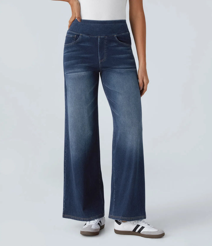 Halara Flex™ High Waisted Multiple Pockets Baggy Wide Leg Washed Stretchy Knit Casual Jeans