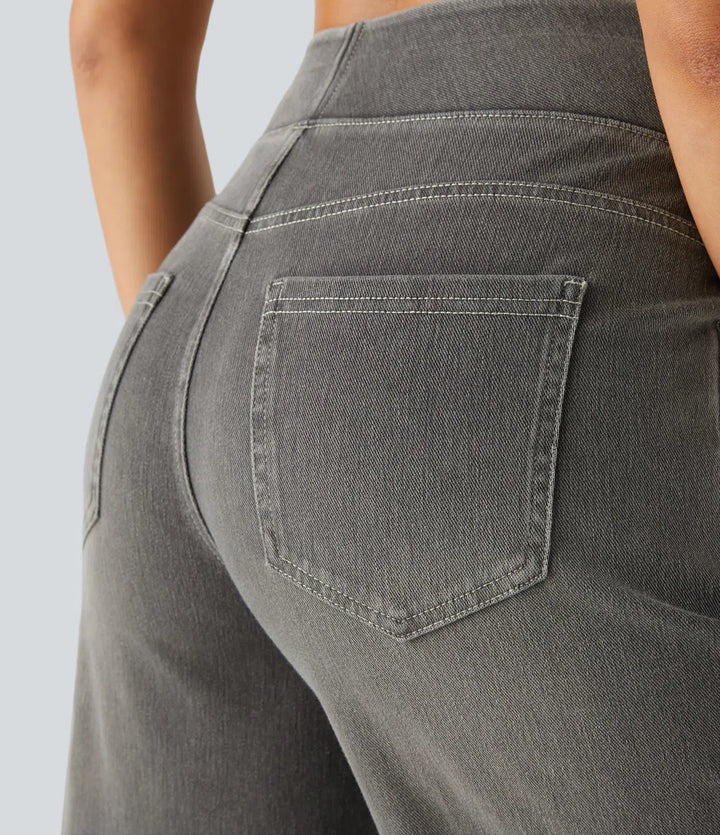 Halara Flex™ High Waisted Multiple Pockets Baggy Wide Leg Washed Stretchy Knit Casual Jeans
