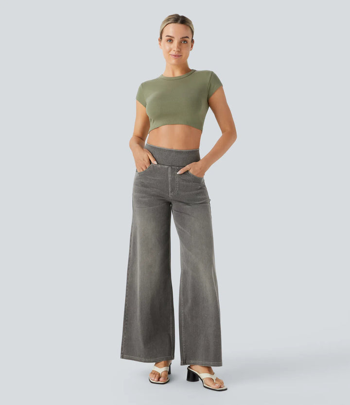 Halara Flex™ High Waisted Multiple Pockets Baggy Wide Leg Washed Stretchy Knit Casual Jeans