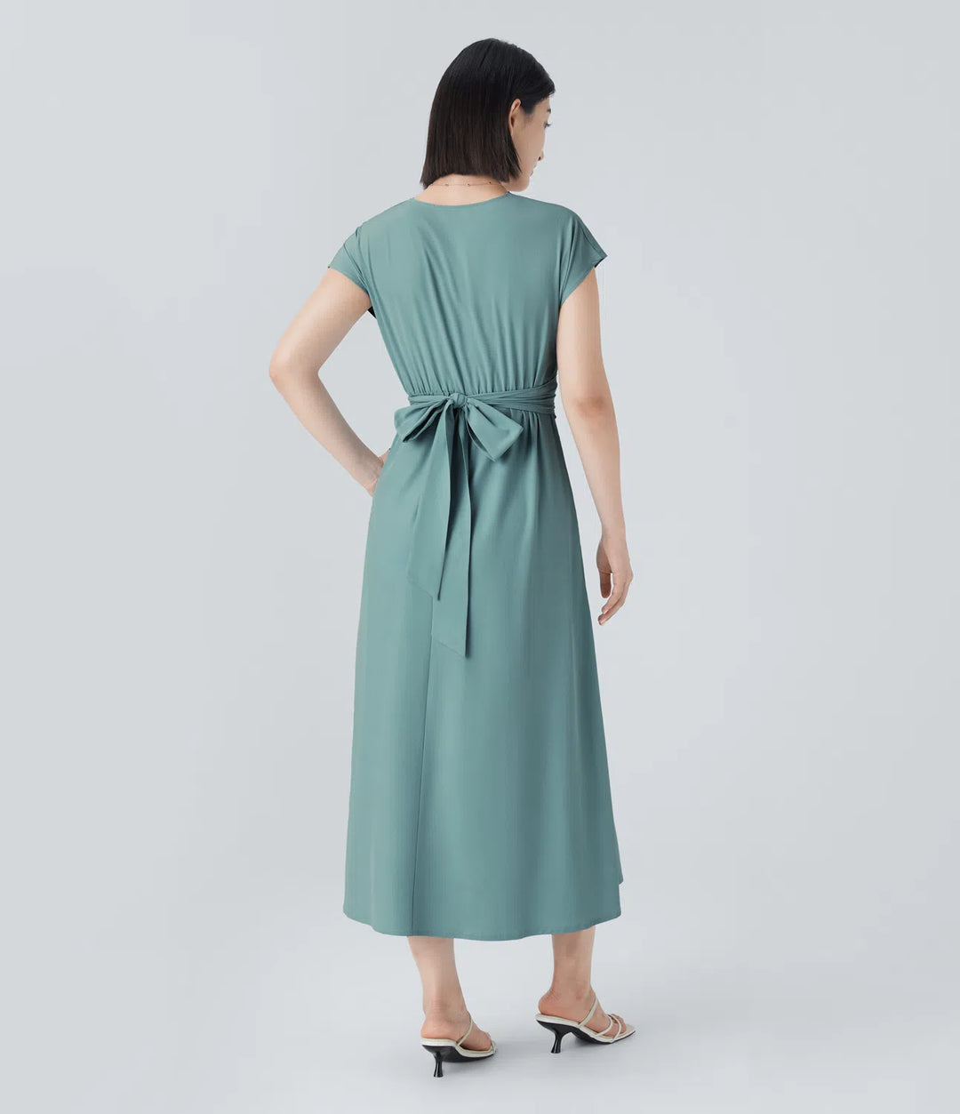 Breezeful™ V Neck Short Sleeve Side Pocket Tie Back Quick Dry Midi Casual Dress
