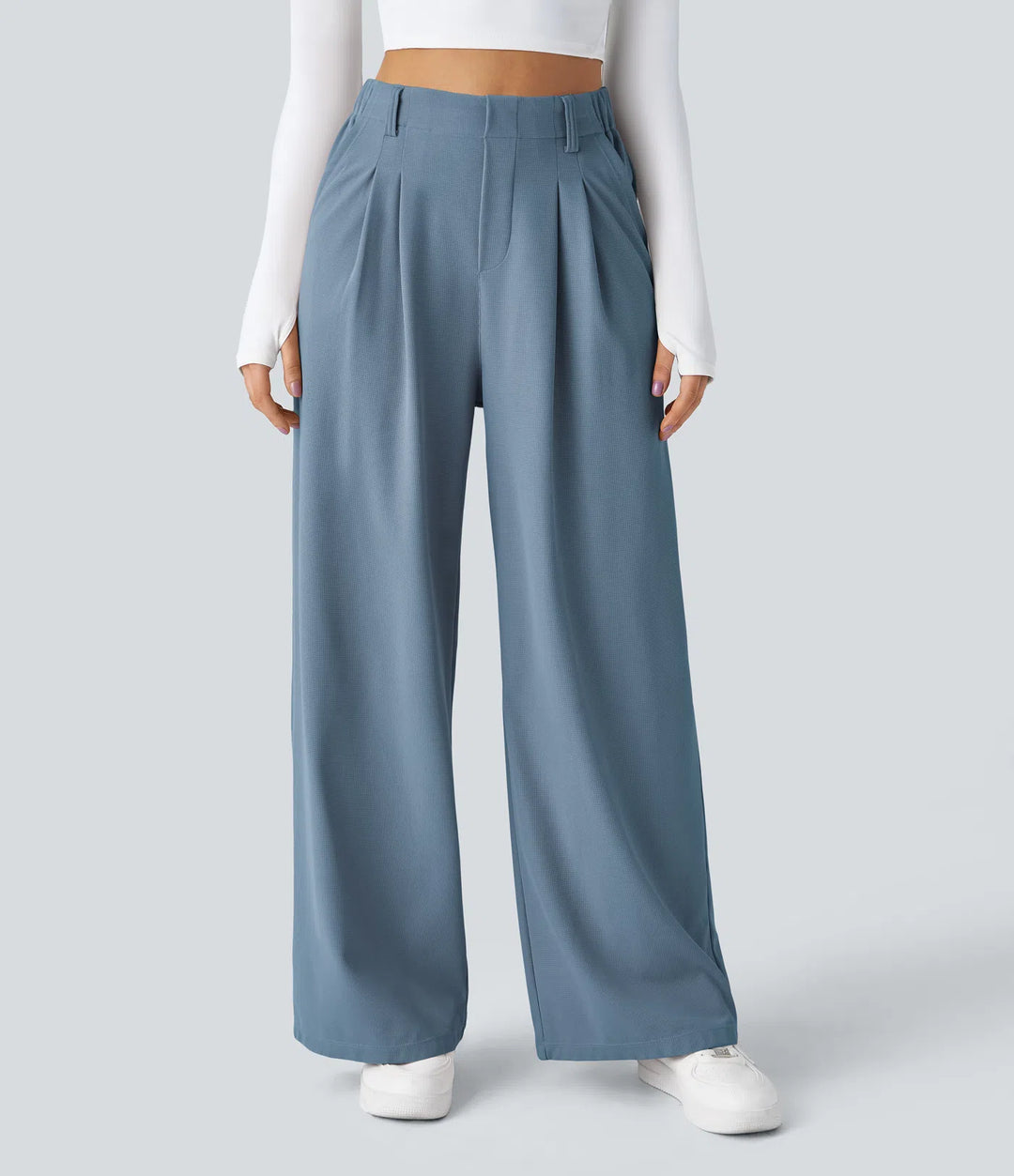 High Waisted Side Pocket Wide Leg Waffle Work Pants