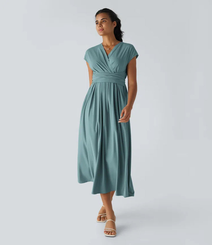 Breezeful™ V Neck Short Sleeve Side Pocket Tie Back Quick Dry Midi Casual Dress