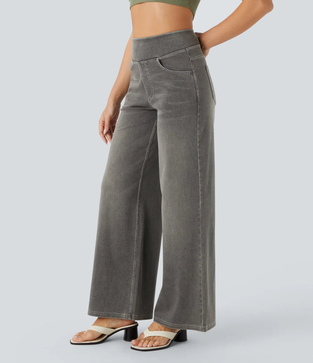 Halara Flex™ High Waisted Multiple Pockets Baggy Wide Leg Washed Stretchy Knit Casual Jeans
