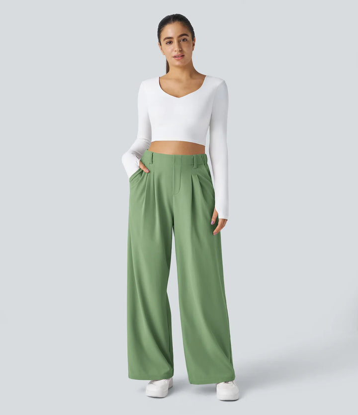 High Waisted Side Pocket Wide Leg Waffle Work Pants