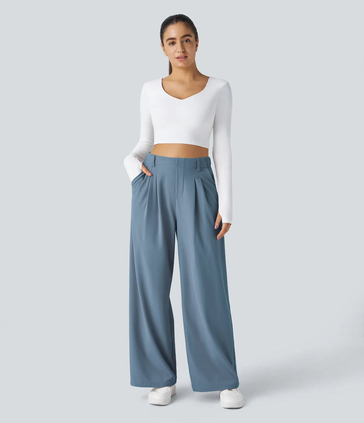 High Waisted Side Pocket Wide Leg Waffle Work Pants