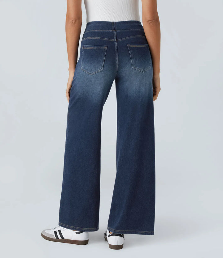 Halara Flex™ High Waisted Multiple Pockets Baggy Wide Leg Washed Stretchy Knit Casual Jeans