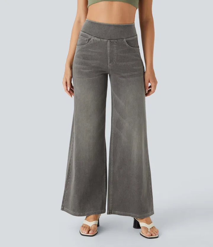 Halara Flex™ High Waisted Multiple Pockets Baggy Wide Leg Washed Stretchy Knit Casual Jeans