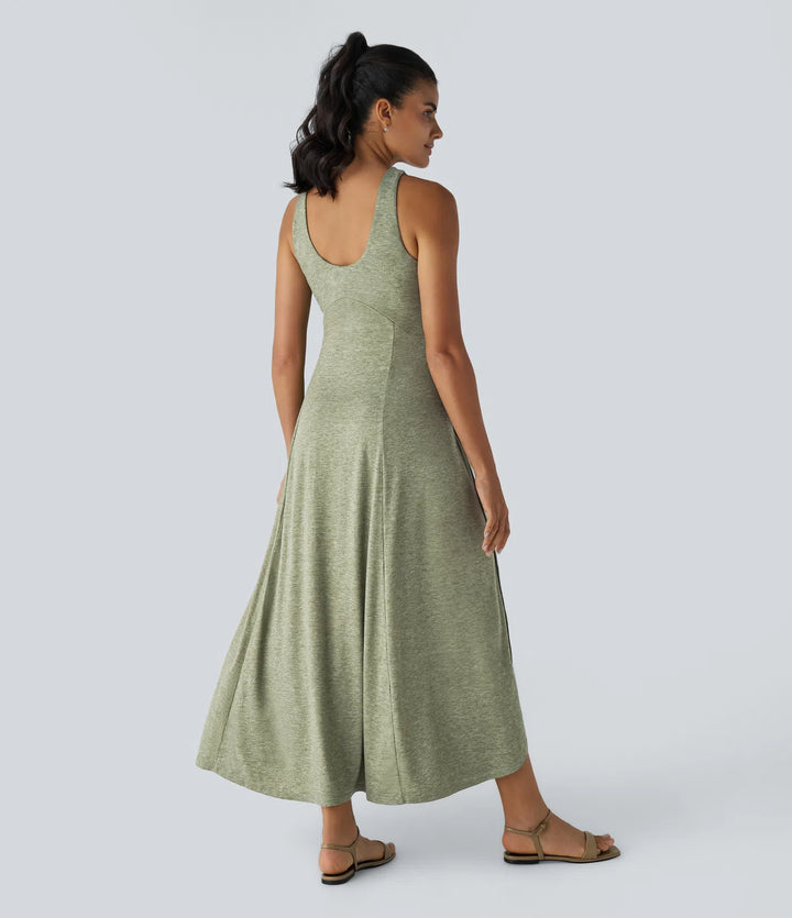 U Neck Backless Split Flowy Maxi Casual Tank Dress