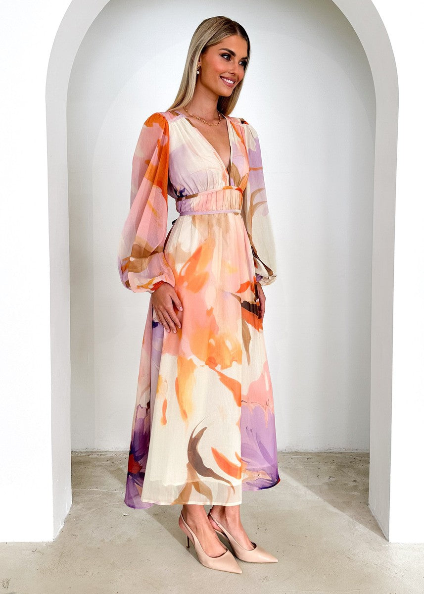 Orange V-Neck Long Sleeve Maxi Dress