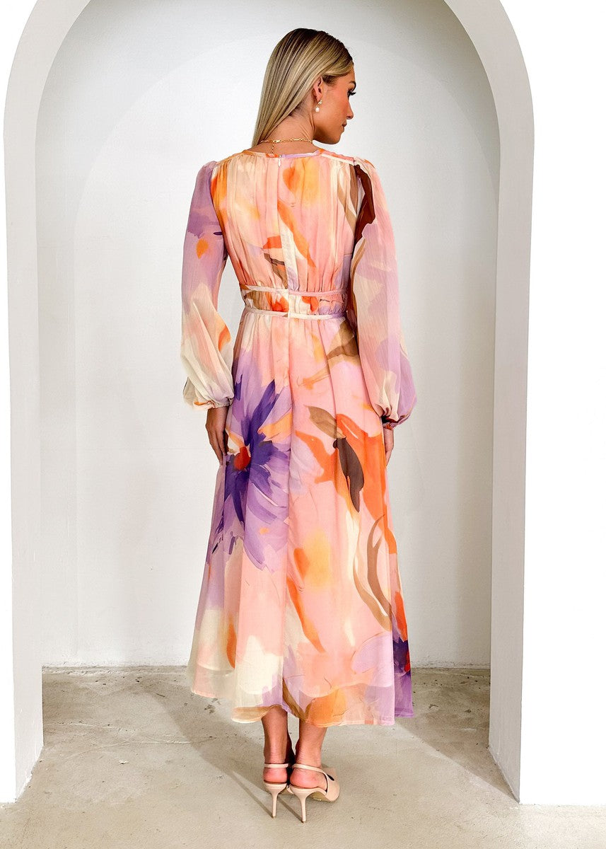 Orange V-Neck Long Sleeve Maxi Dress