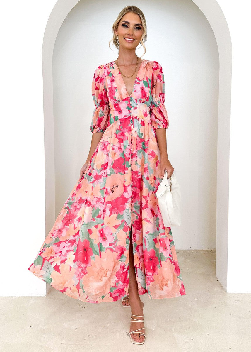 Sweet Pink V-Neck Maxi Dress