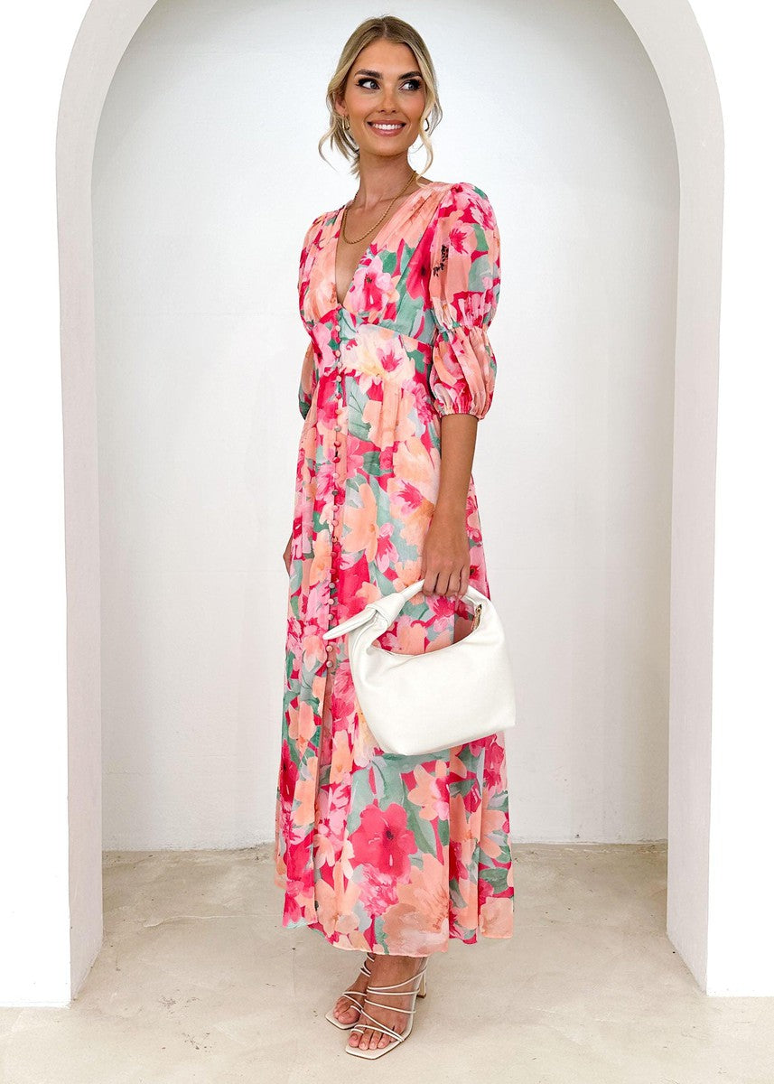Sweet Pink V-Neck Maxi Dress