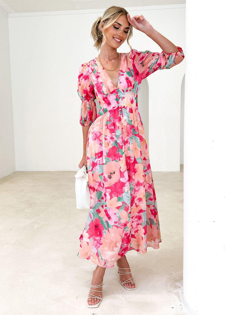 Sweet Pink V-Neck Maxi Dress