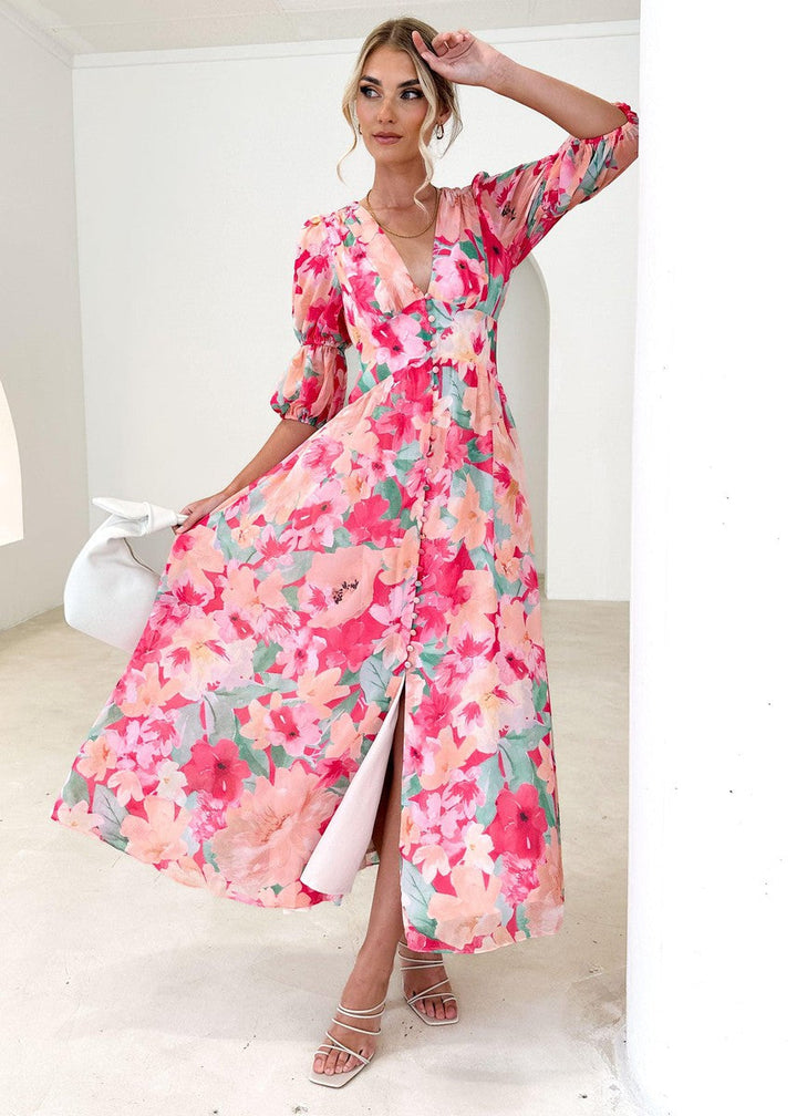 Sweet Pink V-Neck Maxi Dress
